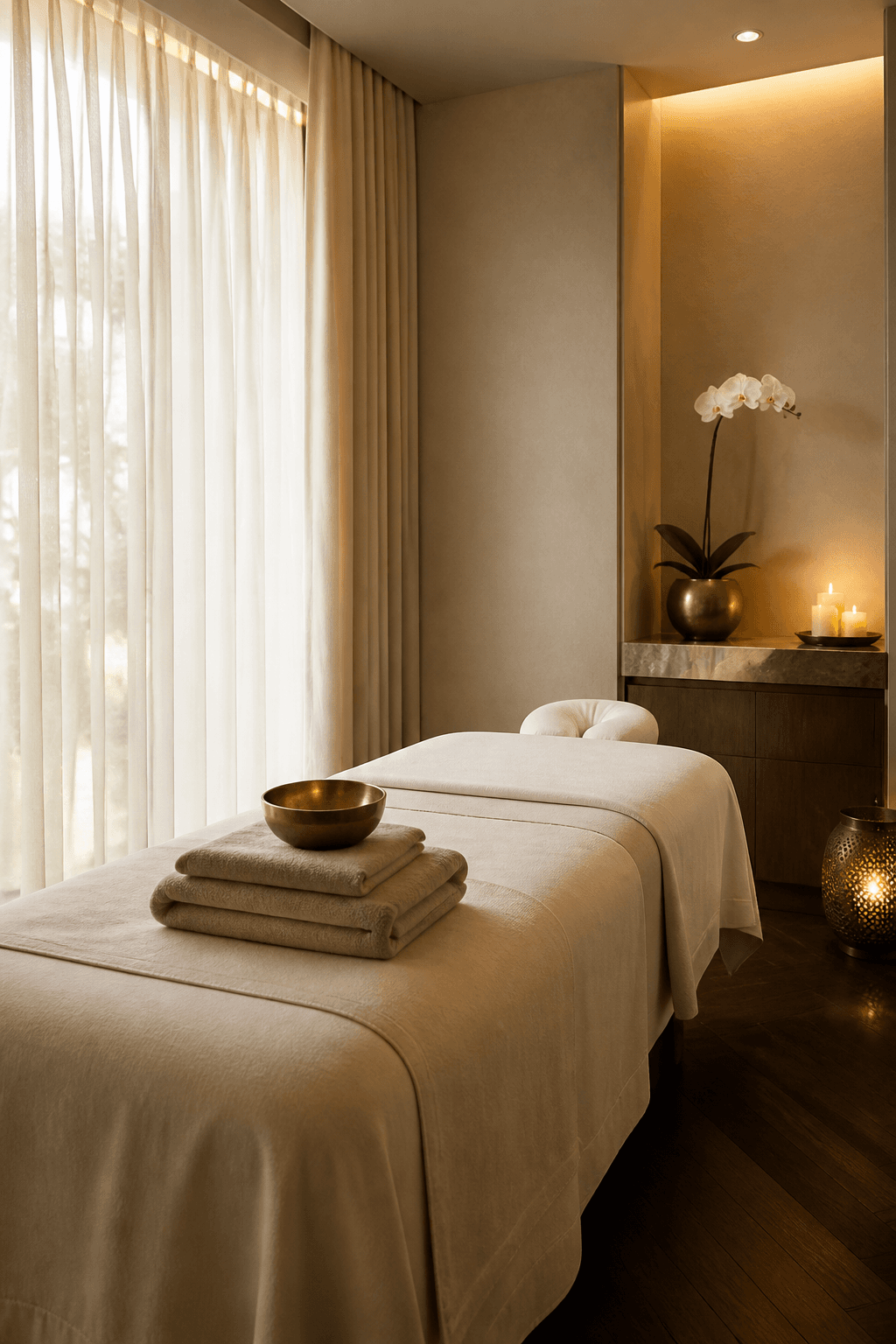 A quiet treatment room at DJ Spa, dressed in cream linens and warm light